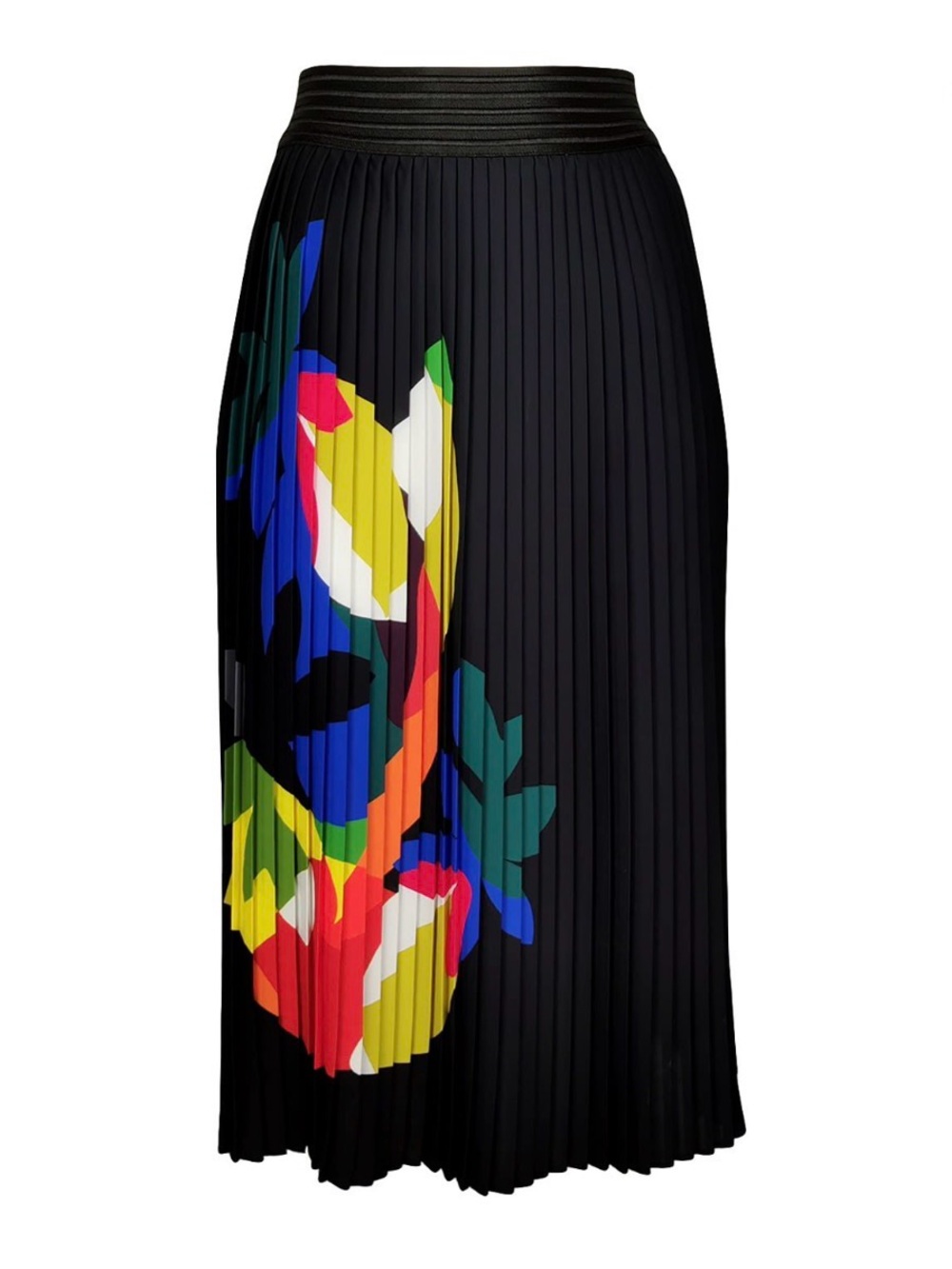 Black pleated midi skirt with colorful digital print!